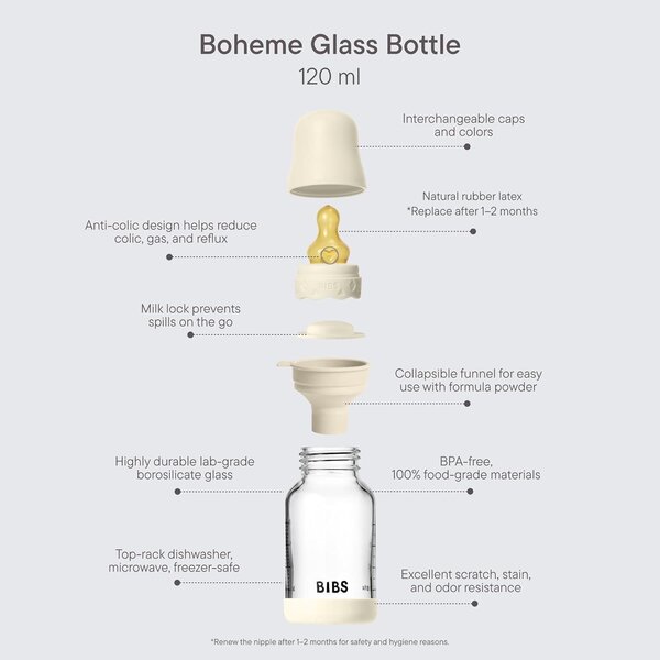 Bibs klaasist lutipudel 120ml, Slow Flow Ivory - Bibs